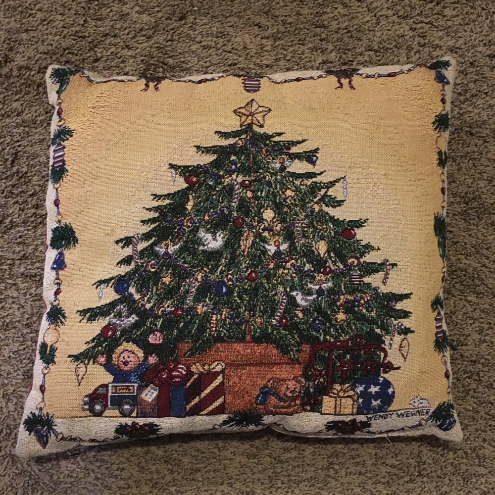 Christmas Tapestry Throw Pillow Christmas Tree & Presents 16"signed Wendy Wegner